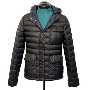 Athleta Pulse Reversible Down Puffer Jacket Black Navy Blue Removable Hood Small